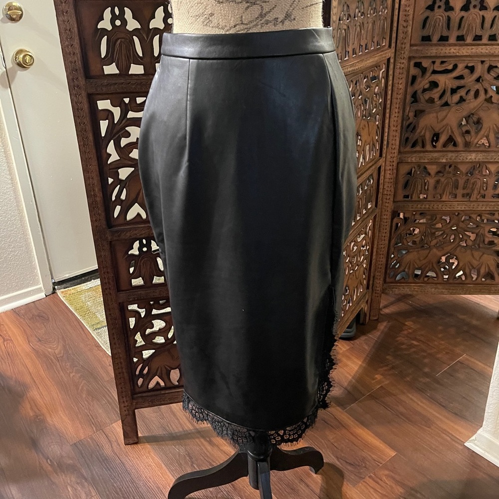 High Waisted Lace Trim Vegan Leather Pencil Skirt